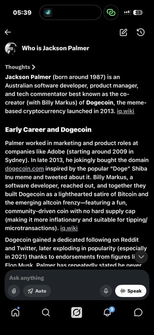 The image shows a cell phone screen with a post from someone named "Lore" who has checked out a post by another person, named "Jackson Palmer", about early career and DOGE (DigitalOcean). The post includes information about the person's background in marketing and their experience working for companies like Adobe. Lore also mentions that they have been featured on the DOGE meme page. The image is accompanied by a caption that reads: "Focus on what is in the image and how it relates to the post".