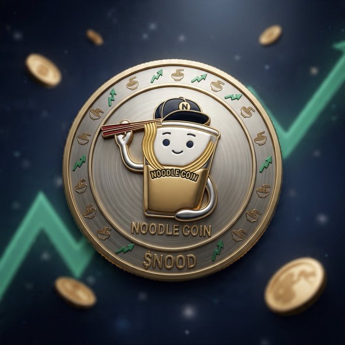 A 3D-rendered promotional image of a "NOODLE COIN" ($NOOD) cryptocurrency token featuring a smiling noodle cup character wearing a cap and holding chopsticks, set against a dark background with a green upward trending arrow.