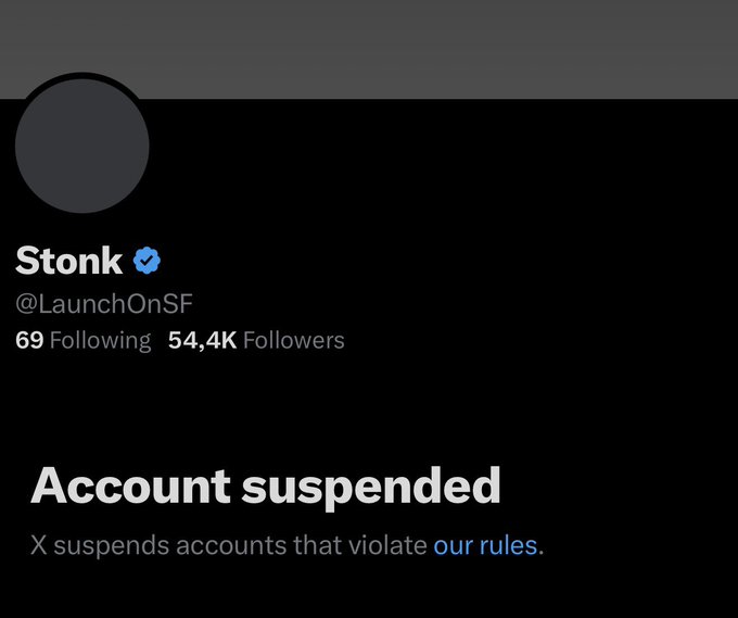 A Twitter/X profile for "Stonk" (@LaunchOnSF) with 54.4K followers displays an "Account suspended" notice, indicating X removed the account for rule violations. This relates to the post criticizing what the author sees as disproportionate enforcement against "Stonk"—a known account chronicling Coinbase's Bitcoin distribution issues—compared to leniency shown toward larger financial crimes.