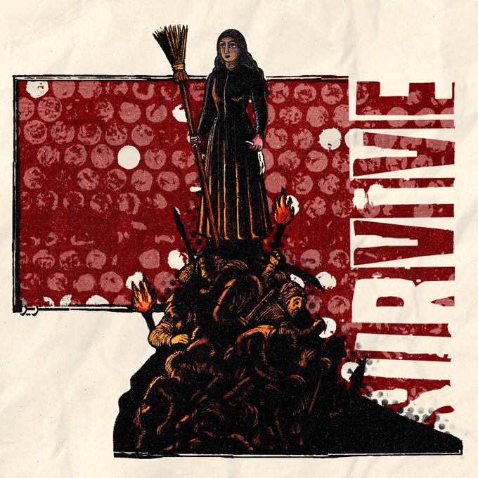 An illustrated artwork showing a figure with a broom standing atop a pile of burning bodies, with the text 'MARGARETE' printed vertically in white letters on a red background.