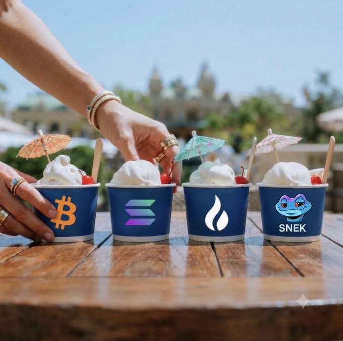 Four cups of ice cream with cryptocurrency logos on the front—Bitcoin, Solana, Huobi, and Snek—decorated with cherries and small paper umbrellas on a wooden table.