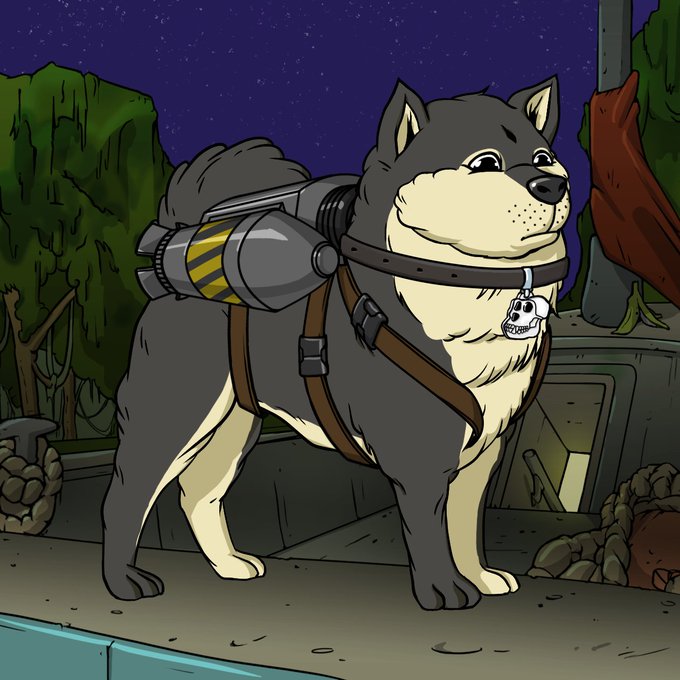 An animated illustration depicts a fluffy gray and cream dog wearing a harness with a mechanical jetpack on its back, standing on a paved area at night with a skull-shaped tag on its collar.