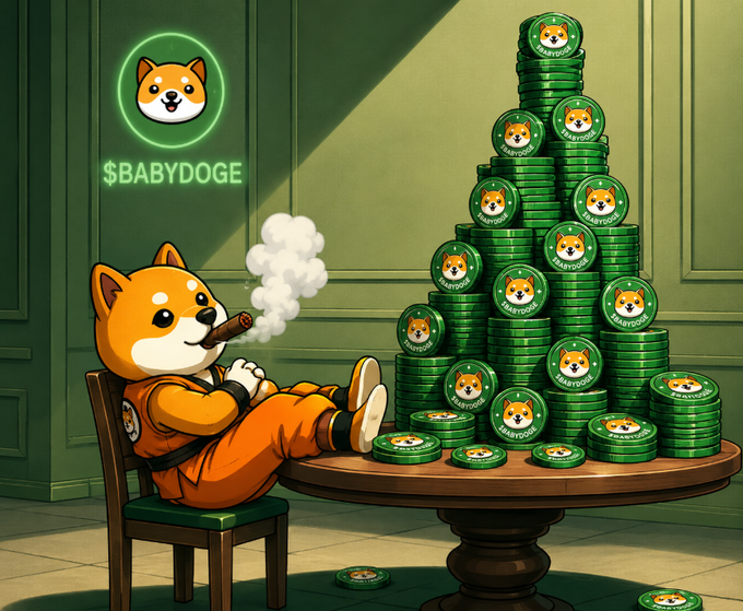 A cheerful Shiba Inu character from the $BABYDOGE crypto project casually smokes a cigar while reclining next to an enormous pyramid of green $BABYDOGE-branded tokens, embodying the post's optimistic "GM future millionaires" message as the dog appears to already be living the dream everyone else is still waiting to recognize.