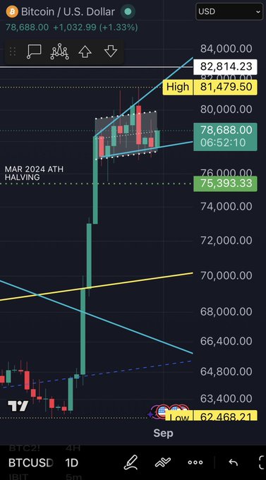 A Bitcoin/USD 1D candlestick chart from TradingView shows BTC at $78,688.00 (+1.33%), with a recent high of $81,479.50 and a low of $62,468.21, illustrating the strong support rebound referenced in the "Vibes Capital Management" post about holding through volatility.