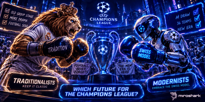 The image depicts a stylized "Champions League" debate scene featuring a roaring lion wearing boxing gloves labeled "Tradition" on the left and a futuristic robot with "Swiss Model" gloves on the right, separated by a glowing Champions League trophy, with banners asking "Which Future for the Champions League?" and noting "36 Teams" in a "New Era." 

This ties to the post by promoting @miroshark_'s AI-powered match simulation tool, suggesting users can leverage the engine to analyze and predict outcomes in the evolving Champions League format—blending the "Tradition" of football with the "Modernist" Swiss Model approach through data-driven simulations.