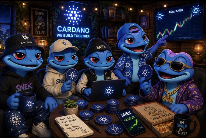 A cartoon-style illustration of blue lizard-like characters wearing 'SNEK' and 'CARDANO' branded clothing, gathered around a table with a neon 'CARDANO - WE BUILD TOGETHER' sign and a chart showing 'ADA/SNEK' with an upward green trend.