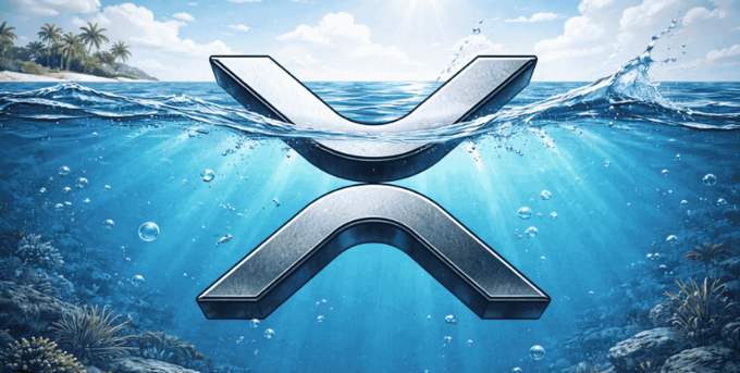 The image shows the metallic XRP (Ripple) logo stylized as floating both above and below the ocean's surface, with water splashing around it.

The caption connects to the post by visually representing the post's metaphor of XRP being surrounded by overwhelming "garbage" content online — much like the logo here is engulfed in a vast, murky ocean, symbolizing the flood of misleading price predictions and fake news drowning out genuine discussion about the cryptocurrency.