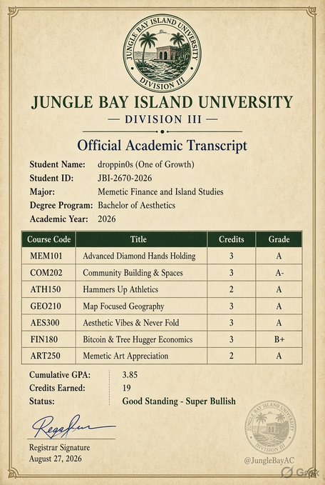 Official Academic Transcript from Jungle Bay Island University - Division III for student 'droppin0s (One of Growth)', majoring in Memetic Finance and Island Studies with a Bachelor of Aesthetics degree and a 3.85 GPA.