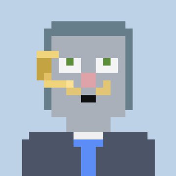 A pixel art portrait of a gray cat-like character wearing a blue suit and blue tie with green eyes.