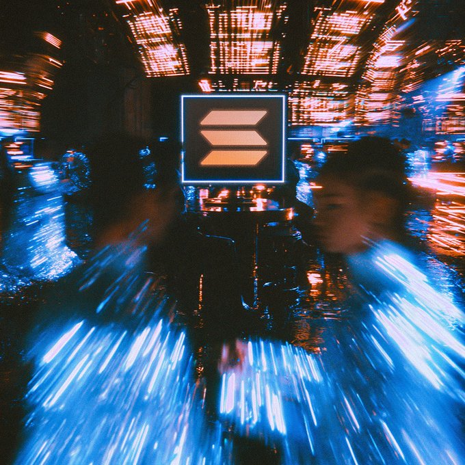A dynamic, motion-blurred club scene features a glowing screen displaying the Solana logo with its signature three-bar emblem, with silhouettes of dancers and striking blue-and-orange neon lights evoking the high-energy speed of Solana's 25% network upgrade referenced in the post.