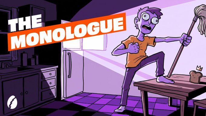 A cartoon illustration shows a man standing on a kitchen table holding a mop with a frightened expression, with the bold text 'THE MONOLOGUE' displayed across the top.