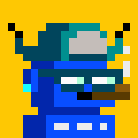 Pixel art of a blue ninja character wearing a grey helmet with a visor and a blue scarf on a yellow background.