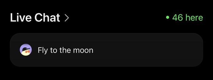 The image shows a "Live Chat" interface with a green indicator noting "46 here," and a single user message reading "Fly to the moon" accompanied by an emoji. This aligns with the post's approval of a "phantom token chat" design, as the chat appears sleek and active with live users.
