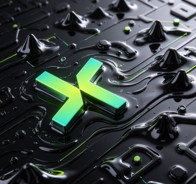 A 3D rendered graphic featuring a glowing green "K" or cross symbol on a glossy black circuit board-like surface with neon green accents.