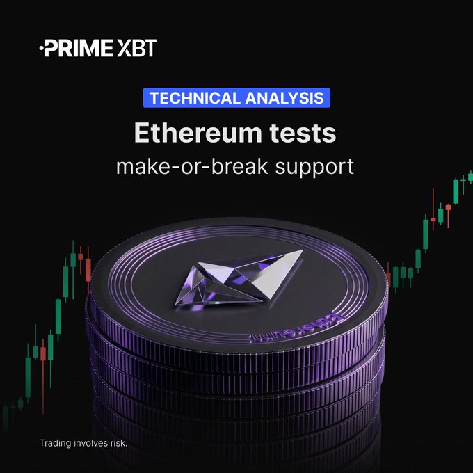 The image is a PrimeXBT promotional graphic titled "TECHNICAL ANALYSIS: Ethereum tests make-or-break support," featuring a stack of stylized Ethereum coins centered against a black background with green and red candlestick charts on either side, visually reinforcing the post's message about Ethereum's critical price level.