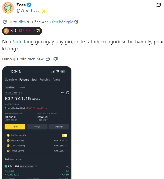 A Vietnamese-language tweet from user 'Zora' (@Zorathzz) showing BTC at $64,495.9 and asking if BTC prices rise now, many people will be liquidated, accompanied by a screenshot of a Binance margin account showing a USDT balance of 837,741.15.