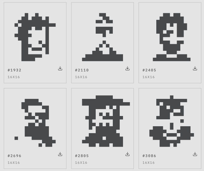 The image displays a gallery of six 16x16 pixel-art characters, each labeled with a token ID (#1932, #2110, #2405, #2696, #2805, #3086), presented as part of the "NORMIENIS" on-chain art collection. Each character features unique blocky designs, reinforcing the post's message about the return of the NORMIENIS collection as permanent on-chain artwork.