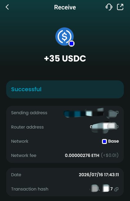 A mobile screenshot of a cryptocurrency transaction confirmation showing '+35 USDC' received successfully on the Base network, with a network fee of 0.00000276 ETH dated 2026/07/16 17:43:11.