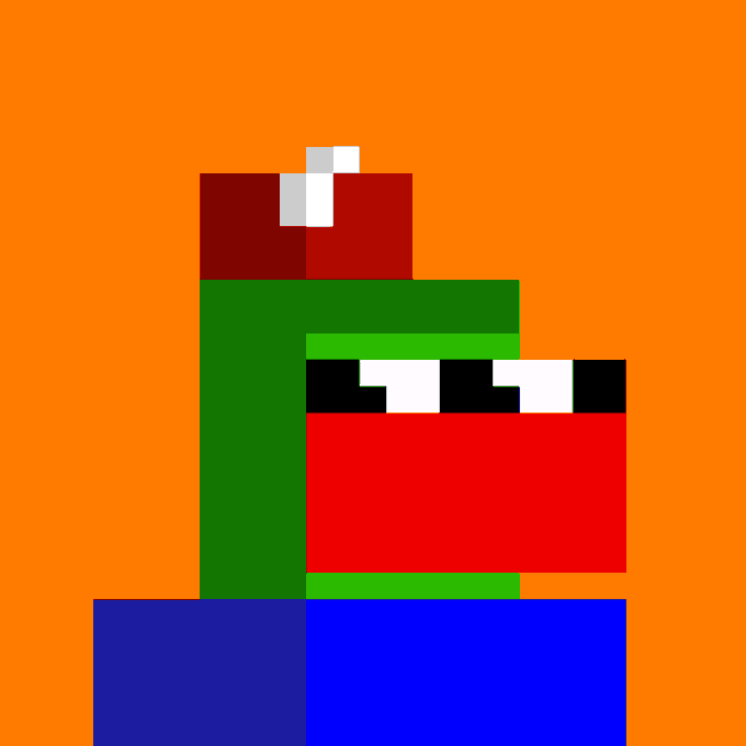 A pixel art image showing a green and red Among Us character wearing sunglasses, positioned above a blue rectangular block against an orange background.