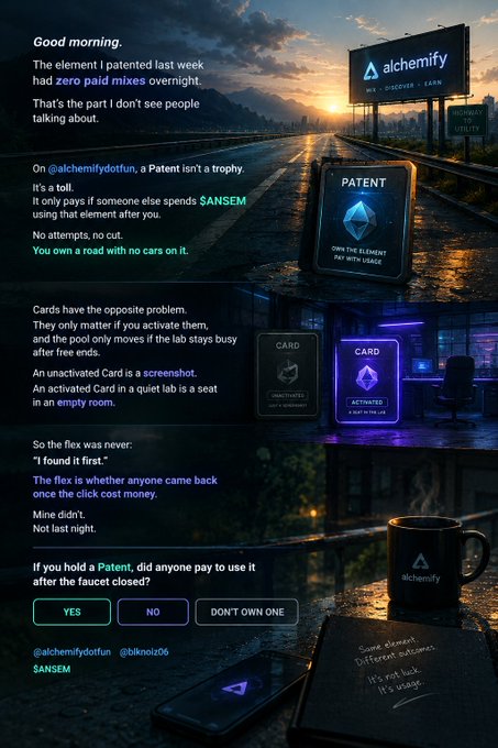 A social media graphic from @alchemifydotfun discussing SANSEM tokens and Alchemy utilities, featuring imagery of patents, cards, and a wallet with the prompt "If you hold a Patent, did anyone pay to use it after the faucet closed?"