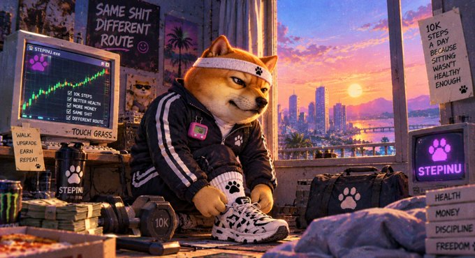 An AI-generated image shows a Shiba Inu dog wearing a headband and tracksuit, putting on sneakers in a room filled with motivational posters including 'SAME SHIT DIFFERENT ROUTE' and 'STEPINU'.