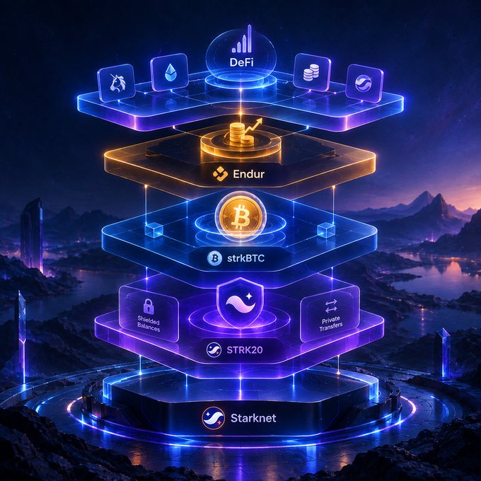 A futuristic digital illustration of a blockchain architecture stack on Starknet, showing layered platforms for STRK20, strkBTC, Endur, and DeFi features like shielded balances and private transfers.