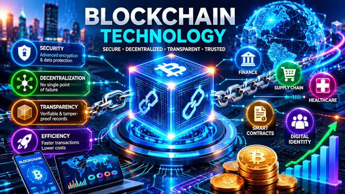 An infographic titled 'BLOCKCHAIN TECHNOLOGY' displays features like SECURITY, DECENTRALIZATION, TRANSPARENCY, and EFFICIENCY, alongside icons for FINANCE, SUPPLY CHAIN, HEALTHCARE, SMART CONTRACTS, and DIGITAL IDENTITY.