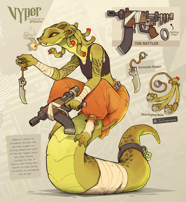 A stylized concept sheet redesigns Vyper as a green snake gunslinger, labeled “Vyper — Fan Redesign by @Gazzter,” with a “THE RATTLER” firearm, screw-jab dagger, petrifying bola, and a quote about breaking the law and escaping jail. It matches the accompanying post’s “Vyper deadlock redesign” by reinterpreting the character with Western snake-themed weapons and gadgets.