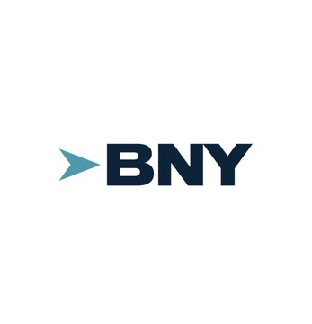 The image displays the BNY (BNY Mellon) logo, featuring a teal arrow pointing to the bold navy "BNY" text. This branding relates to the news that BNY, a major asset management firm, is implementing blockchain technology for trade processing and fund ownership record-keeping.
