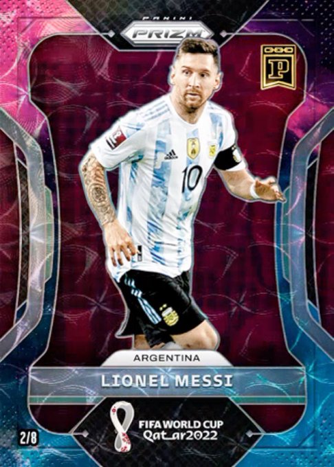 A Panini Prizm trading card featuring Lionel Messi in an Argentina kit, with the text 'ARGENTINA LIONEL MESSI', 'FIFA WORLD CUP Qatar 2022', and a serial number '2/8'.