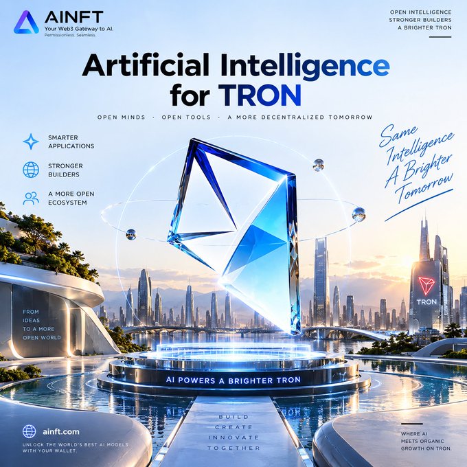 A promotional graphic for AINFT showcases a futuristic cityscape centered around a glowing blue diamond, highlighting its tagline "Artificial Intelligence for TRON" and slogans like "Same Intelligence A Brighter Tomorrow" and "AI POWERS A BRIGHTER TRON." The image emphasizes AI-driven ecosystem growth on the TRON blockchain, though its aesthetic theme does not directly depict the esports data integration mentioned in the accompanying post about WINkLink.