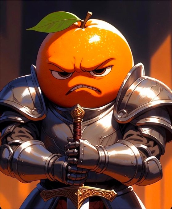 AI-generated artwork of an angry orange fruit character wearing silver knight's armor and gripping a sword.