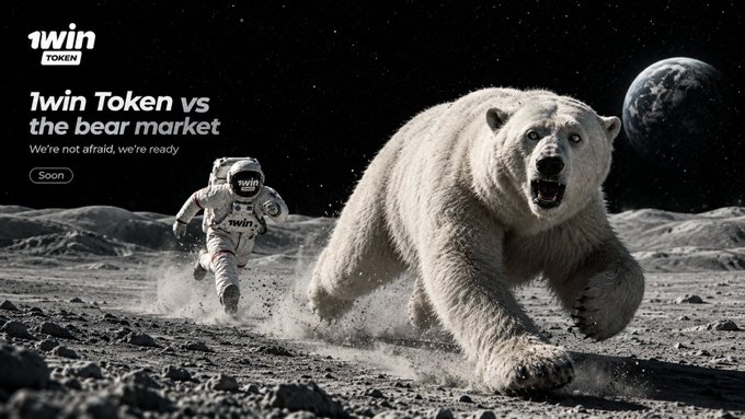 A promotional advertisement reads '1win TOKEN - 1win Token vs the bear market. We're not afraid, we're ready. Soon,' depicting an astronaut running from a massive polar bear on a lunar surface with Earth in the background.