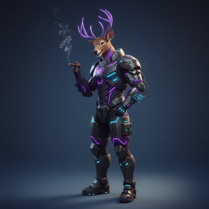 An anthropomorphic deer with glowing purple antlers wears futuristic black armor with neon purple and cyan lights, casually smoking a cigarette.