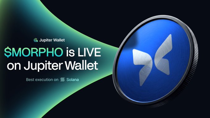 A promotional graphic announcing '$MORPHO is LIVE on Jupiter Wallet' with the tagline 'Best execution on Solana' alongside a blue Morpho coin.