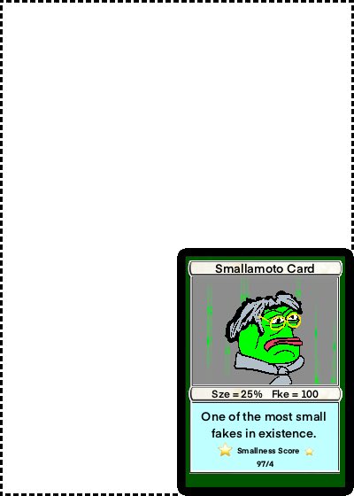 A parody trading card titled "Smallamoto Card" features a green Pepe-style character with a 97/4 Smallness Score, describing it as "One of the most small fakes in existence" with Size = 25% and Fake = 100. The card appears to be a humorous CryptoPunks-style collectible from the @FAKERARES_XCP project, showcasing a deliberately "small" or low-quality variant.