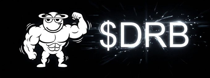 A black and white graphic showing a muscular cartoon character wearing glasses and a hat flexing its arm next to glowing white text reading "$DRB" with digital glitch effects.