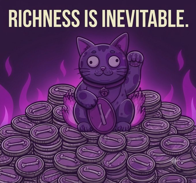 A purple-toned digital illustration featuring a lucky cat sitting on a pile of coins with the text 'RICHNESS IS INEVITABLE.' displayed at the top.