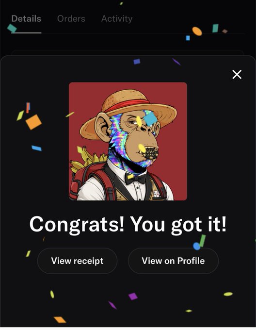 A digital congratulatory screen displays an NFT of a monkey wearing a sombrero and bow tie with text reading "Congrats! You got it!" along with options to "View receipt" and "View on Profile."