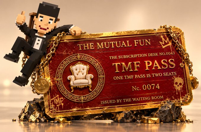A 3D-rendered image of a golden, decorative 'TMF PASS' card titled 'THE MUTUAL FUN' featuring a chair emblem, alongside a pixelated character in a tuxedo sitting on a rock, with 'No. 0074' visible on the card.