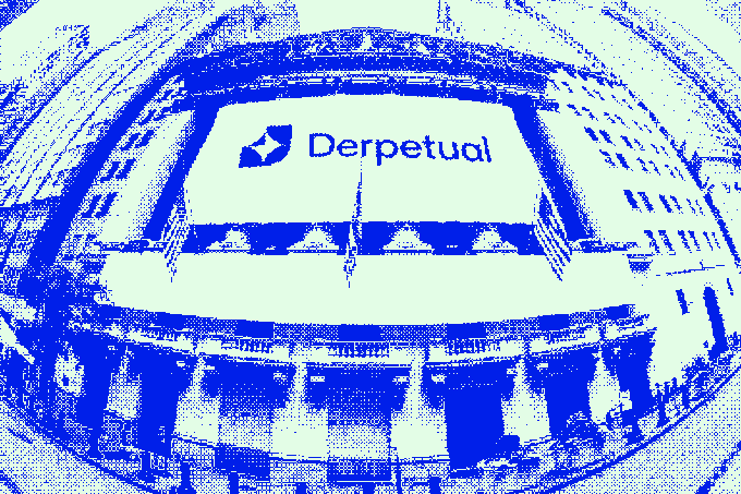 A heavily stylized, high-contrast blue and light-green halftone illustration of a sports stadium with 'Derpetual' displayed prominently on its jumbotron screen, suggesting a meme or satirical finance/crypto brand.