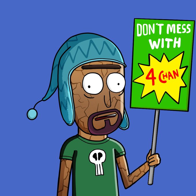 A stylized cartoon character with cracked, skin-like features wears a blue jester-style hat and green skull-tee while holding a green protest sign reading "DON'T MESS WITH 4CHAN" with "4CHAN" highlighted in a yellow starburst. The image visually reinforces the post's confrontational stance, likely by @GodHatesNFTees, symbolizing online tribalism and defiance toward critics or competitors in web3/crypto culture wars.