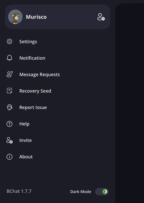 A mobile app settings menu for a user named 'Murisco' on BChat 1.7.7, showing options like Settings, Notification, Message Requests, and Recovery Seed, with Dark Mode enabled.