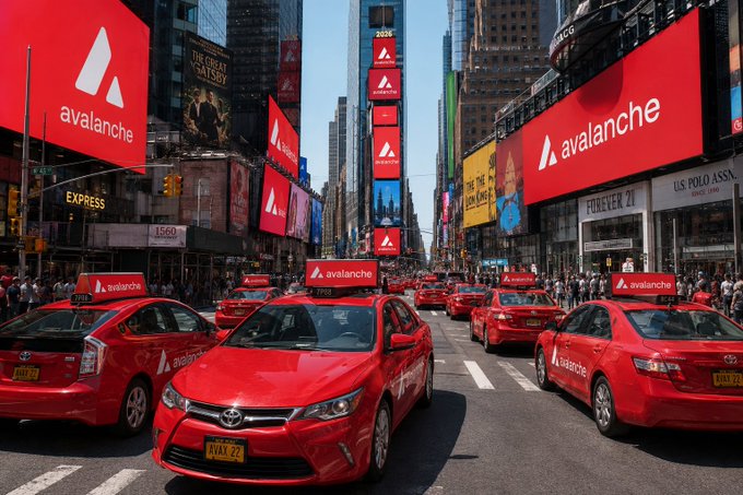 A busy Times Square scene filled with red Toyota taxis displaying 'avalanche' (AVAX cryptocurrency) branding on their rooftops and road signs, surrounded by digital billboards.