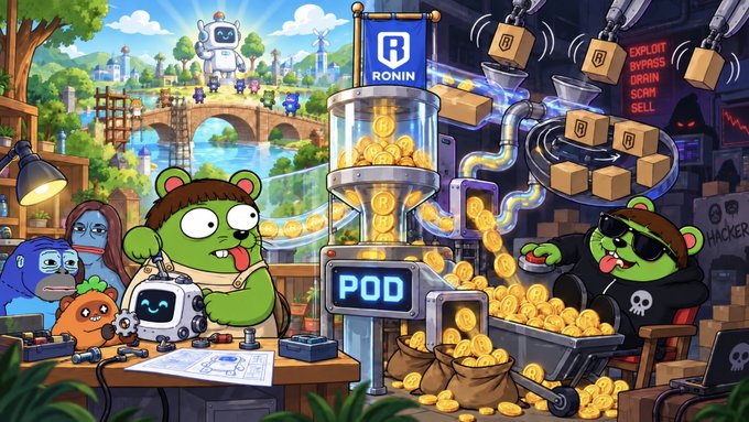 A colorful digital illustration showing green bear-like characters in a workshop with a machine labeled 'POD' and 'RONIN', surrounded by gold coins and packages marked 'EXPLOIT BYPASS DRRIN SCAM SELL'.