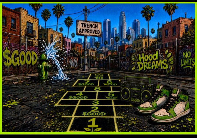 A street art scene with a green and yellow color scheme, featuring a hopscotch grid marked with '$GOOD', a boombox, sneakers, a fire hydrant spraying water, and graffiti reading '$GOOD', 'Hood Dreams', and 'NO LIMITS', with a 'TRENCH APPROVED' sign against a Los Angeles skyline.