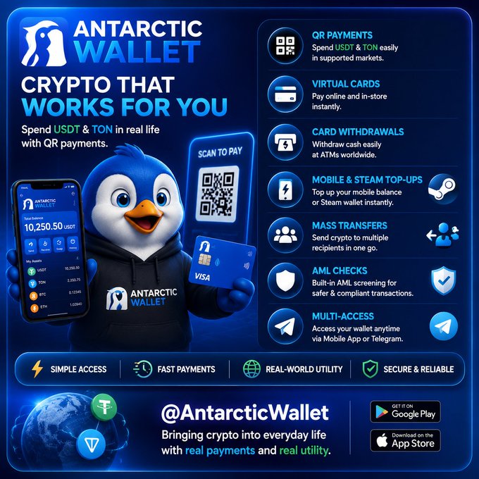 An advertisement for 'Antarctic Wallet' featuring a penguin mascot holding a Visa card, promoting features like QR payments, virtual cards, and AML checks via @AntarcticWallet.
