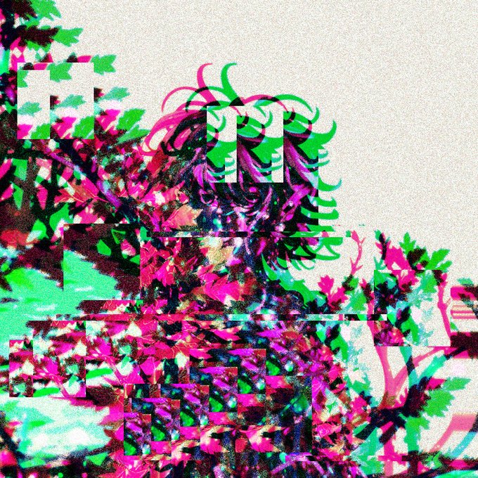 An abstract glitch art composition featuring pixelated fragments of pink, magenta, and green foliage with partial white letterforms overlaid on a textured gray background.