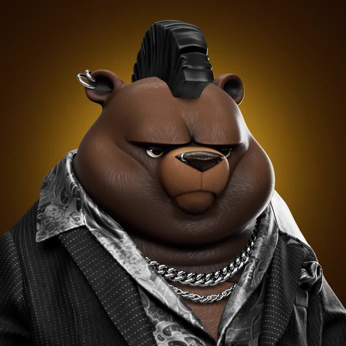 A 3D rendered anthropomorphic bear character with a pompadour hairstyle, wearing a pinstripe suit jacket, patterned shirt, and silver chain necklace.