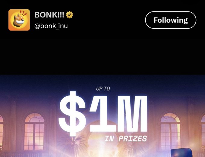 The image shows a Twitter/X post from BONK!!! (@bonk_inu) featuring a promotional graphic that announces "UP TO $1M IN PRIZES" displayed in large white text against an elegant background with arched windows and palm trees, aligning with the post's promotion of Bonk Inu's $1,000,000 giveaway at BONKplay.com.